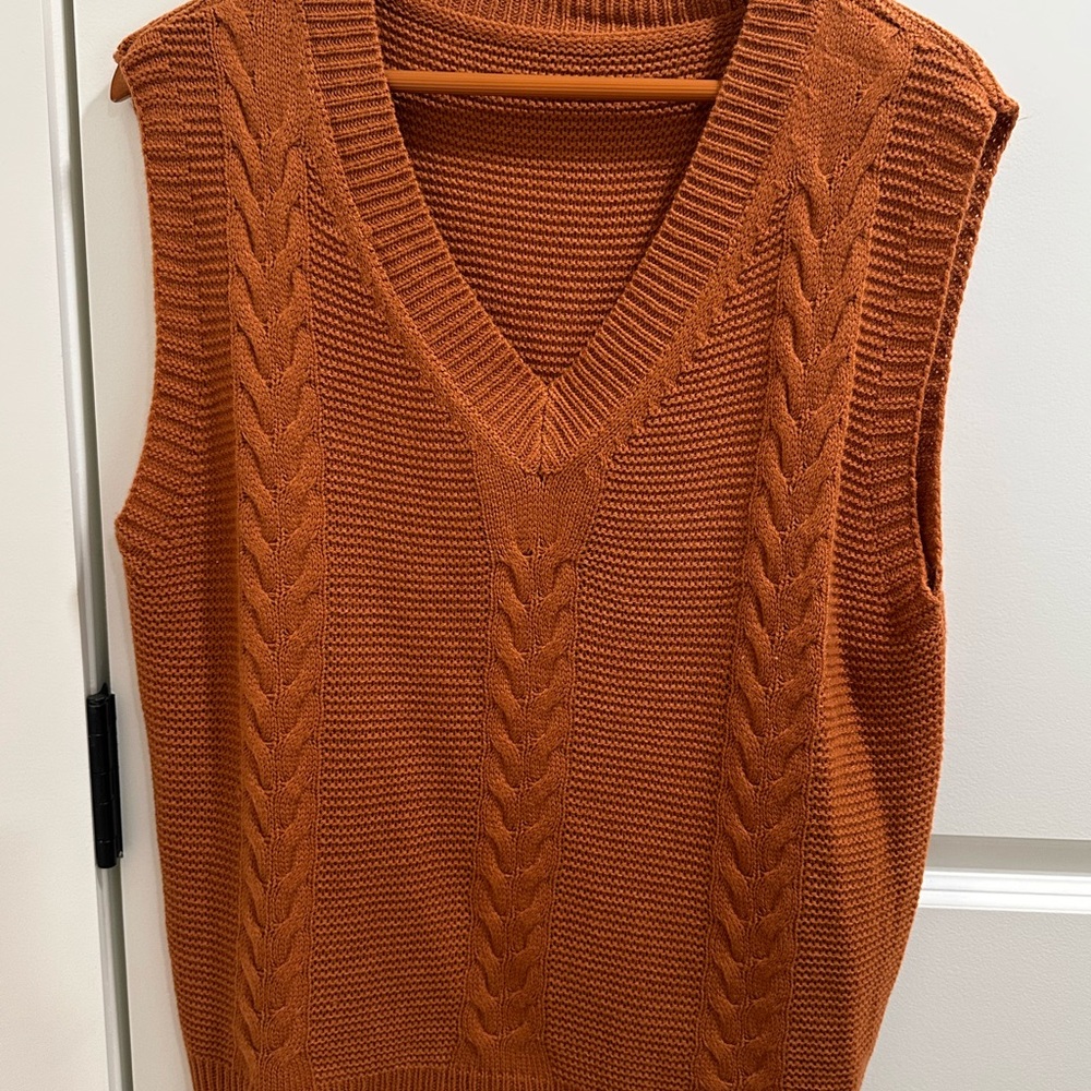 Cable Knit V-Neck Sweater Vest - Rust